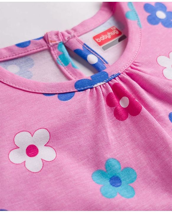 Babyhug Cotton Knit Half Sleeves Nighty With Floral Print - Pink
