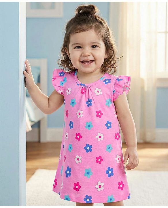 Babyhug Cotton Knit Half Sleeves Nighty With Floral Print - Pink