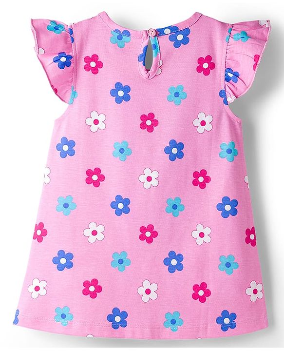 Babyhug Cotton Knit Half Sleeves Nighty With Floral Print - Pink