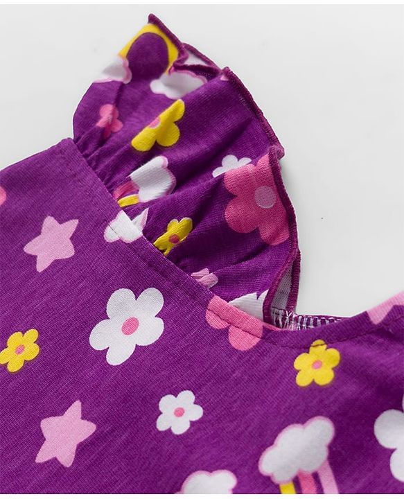 Babyhug Cotton Knit Half Sleeves Nighty With Floral & Rainbow Print - Purple