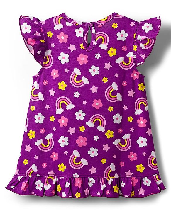 Babyhug Cotton Knit Half Sleeves Nighty With Floral & Rainbow Print - Purple