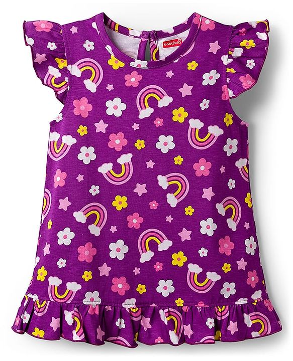 Babyhug Cotton Knit Half Sleeves Nighty With Floral & Rainbow Print - Purple