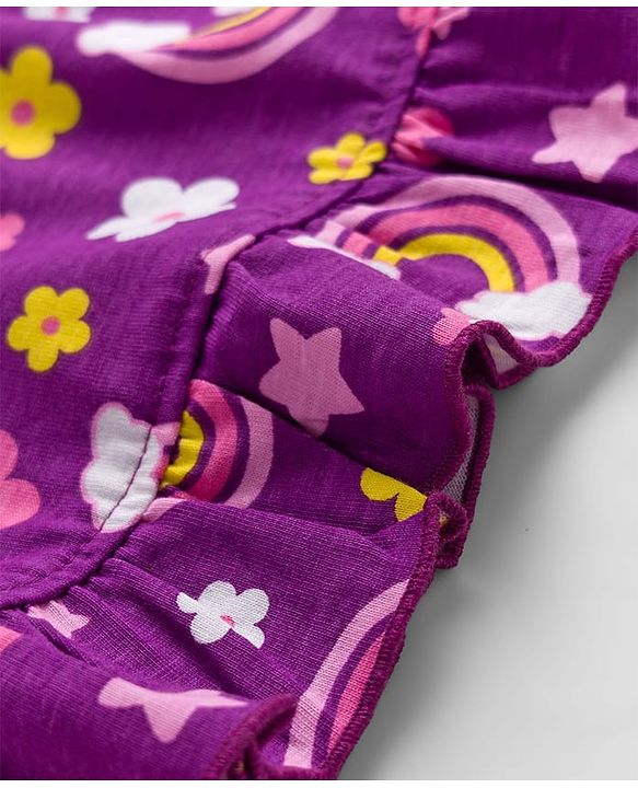 Babyhug Cotton Knit Half Sleeves Nighty With Floral & Rainbow Print - Purple
