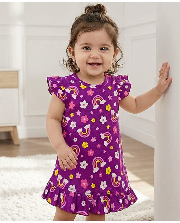 Babyhug Cotton Knit Half Sleeves Nighty With Floral & Rainbow Print - Purple