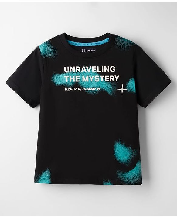 Pine Kids Cotton Knit Half Sleeves T-Shirt with Text Print - Black