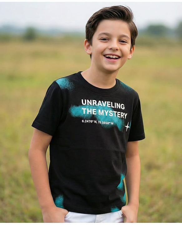 Pine Kids Cotton Knit Half Sleeves T-Shirt with Text Print - Black