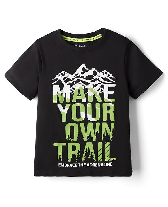Pine Kids Cotton Knit Half Sleeves T-Shirt with Text Print - Black