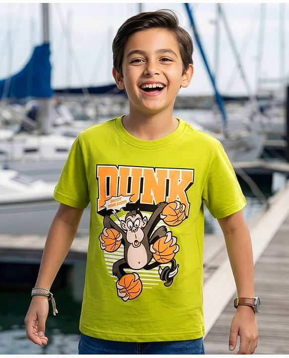 Pine Kids Cotton Knit Half Sleeves T-Shirt with Basketball Print - Limegreen