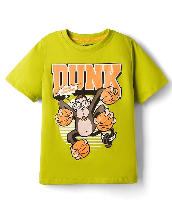 Pine Kids Cotton Knit Half Sleeves T-Shirt with Basketball Print - Limegreen