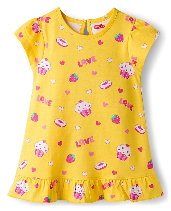 Babyhug Cotton Knit Half Sleeves Nighty With Heart & Cupcake Print - Yellow