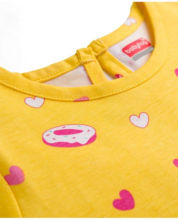 Babyhug Cotton Knit Half Sleeves Nighty With Heart & Cupcake Print - Yellow