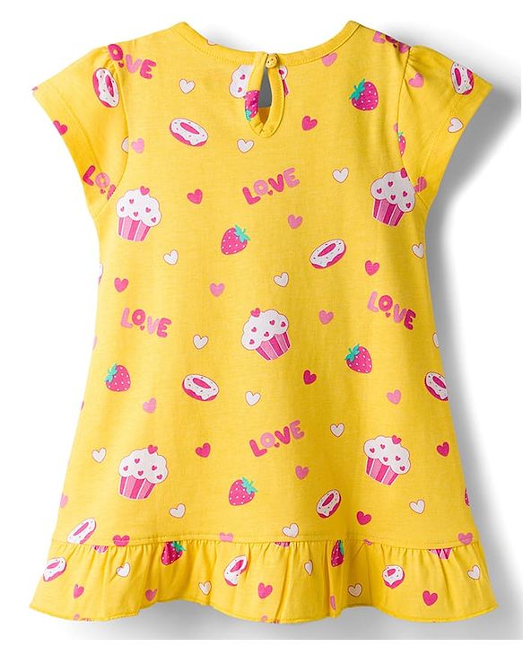 Babyhug Cotton Knit Half Sleeves Nighty With Heart & Cupcake Print - Yellow