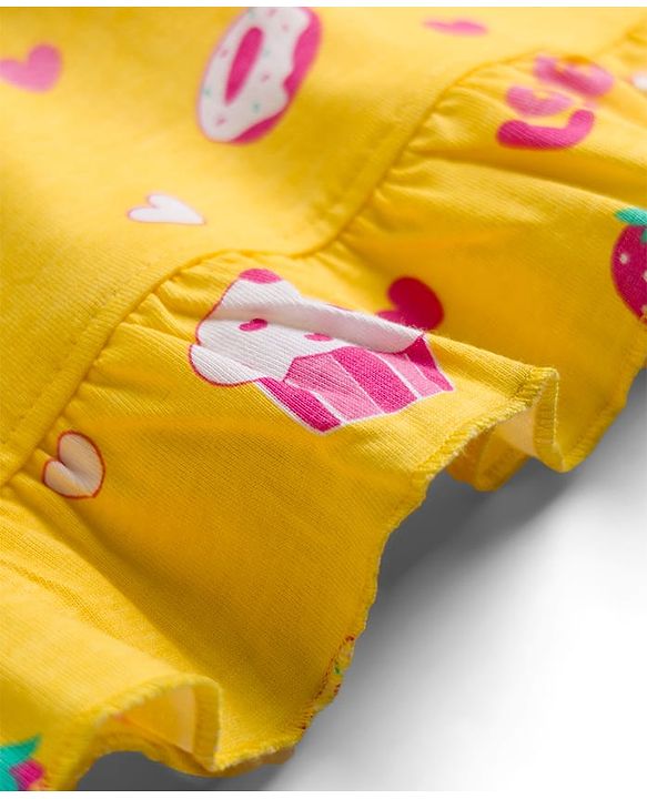 Babyhug Cotton Knit Half Sleeves Nighty With Heart & Cupcake Print - Yellow