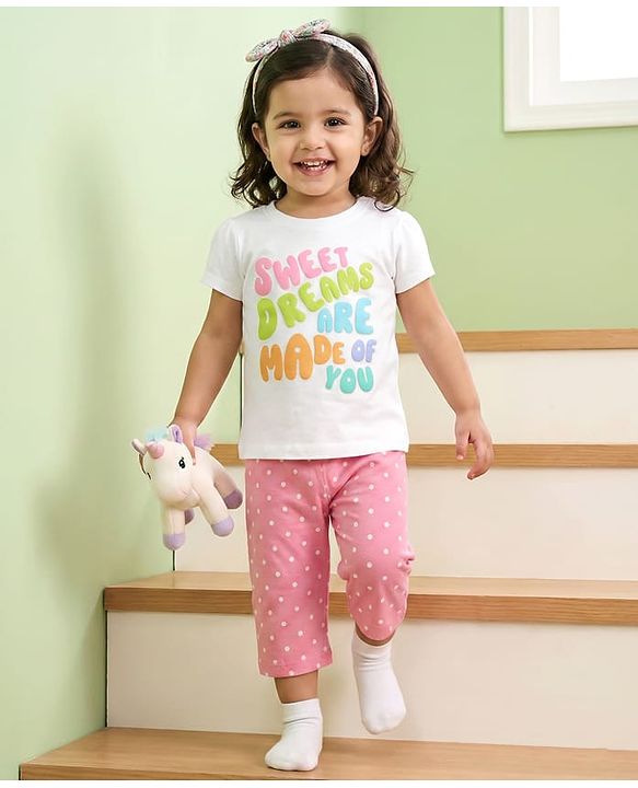 Babyhug Cotton Knit Half Sleeves T-Shirt & Capri Night Suit With Text & Polka Dot Print - White & Pink