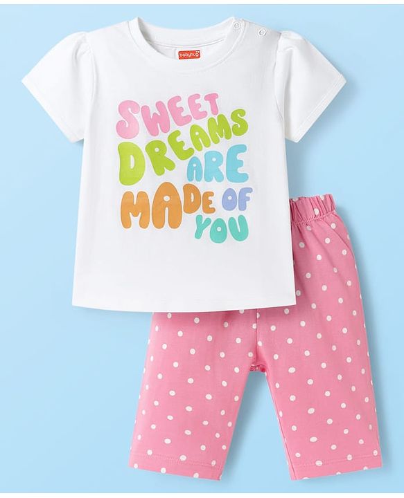 Babyhug Cotton Knit Half Sleeves T-Shirt & Capri Night Suit With Text & Polka Dot Print - White & Pink