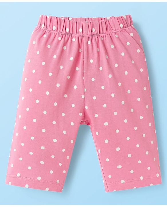 Babyhug Cotton Knit Half Sleeves T-Shirt & Capri Night Suit With Text & Polka Dot Print - White & Pink