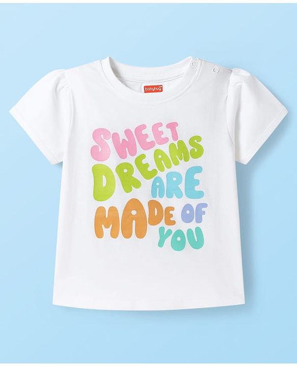 Babyhug Cotton Knit Half Sleeves T-Shirt & Capri Night Suit With Text & Polka Dot Print - White & Pink
