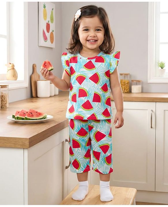 Babyhug Cotton Knit Half Sleeves T-Shirt & Capri Co-ord Night Suit With Watermelon Print - Light Blue