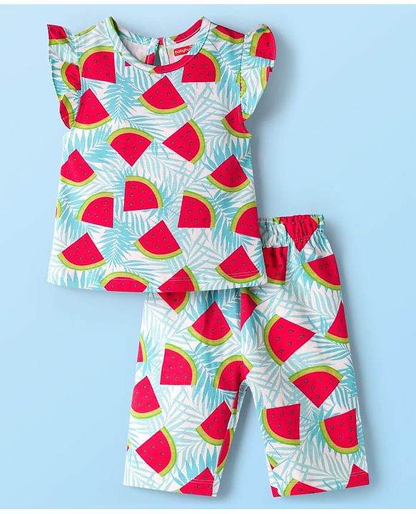 Babyhug Cotton Knit Half Sleeves T-Shirt & Capri Co-ord Night Suit With Watermelon Print - Light Blue