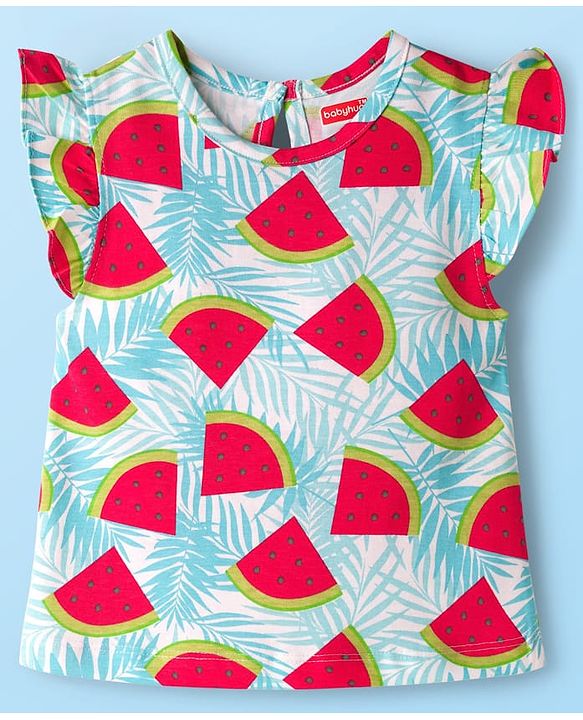 Babyhug Cotton Knit Half Sleeves T-Shirt & Capri Co-ord Night Suit With Watermelon Print - Light Blue
