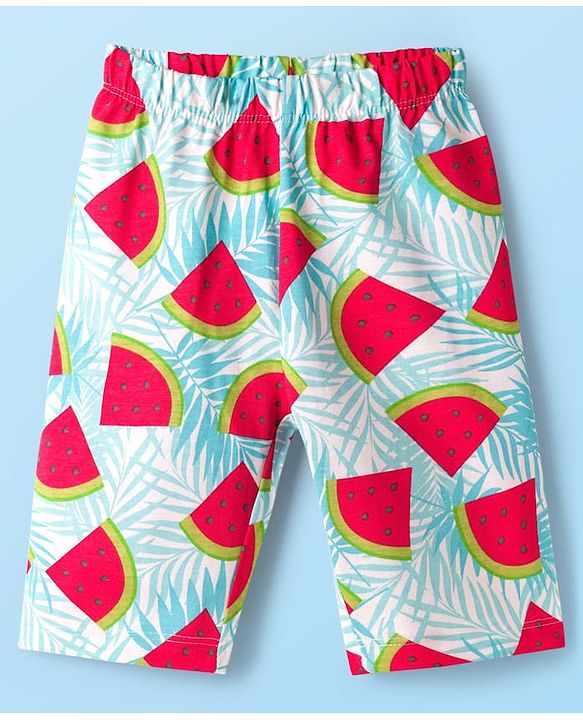 Babyhug Cotton Knit Half Sleeves T-Shirt & Capri Co-ord Night Suit With Watermelon Print - Light Blue