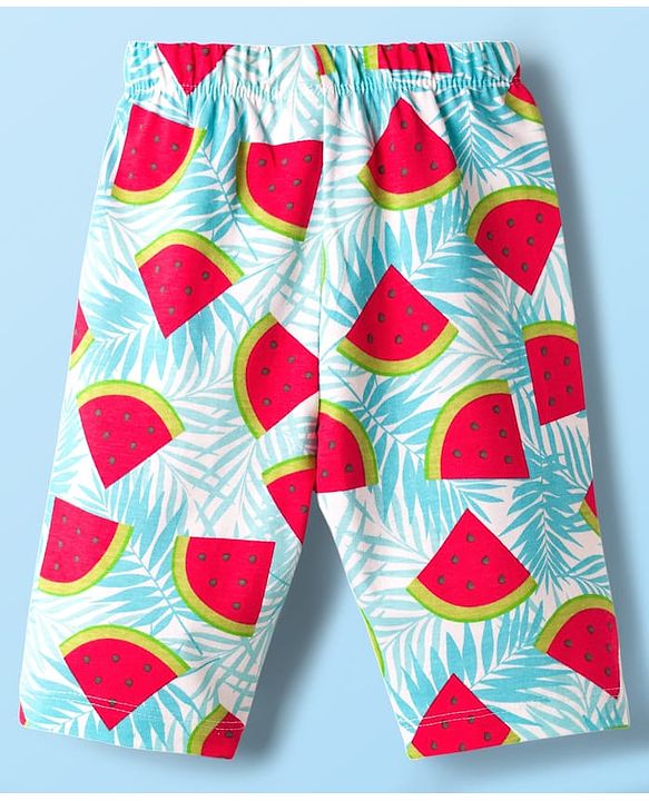 Babyhug Cotton Knit Half Sleeves T-Shirt & Capri Co-ord Night Suit With Watermelon Print - Light Blue