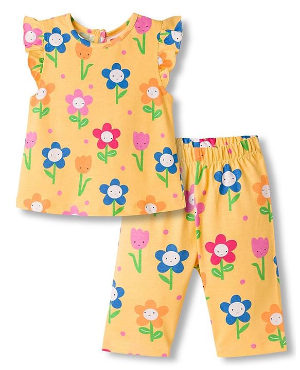 Babyhug Cotton Knit Half Sleeves T-Shirt & Capri Co-ord Night Suit With Floral Print - Yellow