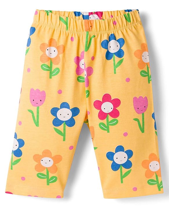Babyhug Cotton Knit Half Sleeves T-Shirt & Capri Co-ord Night Suit With Floral Print - Yellow