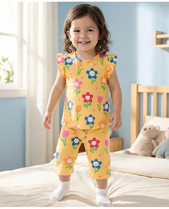 Babyhug Cotton Knit Half Sleeves T-Shirt & Capri Co-ord Night Suit With Floral Print - Yellow