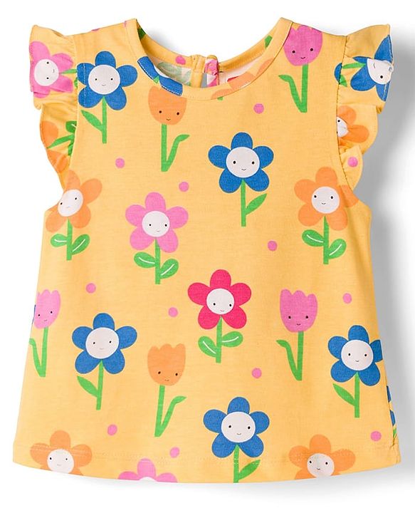 Babyhug Cotton Knit Half Sleeves T-Shirt & Capri Co-ord Night Suit With Floral Print - Yellow