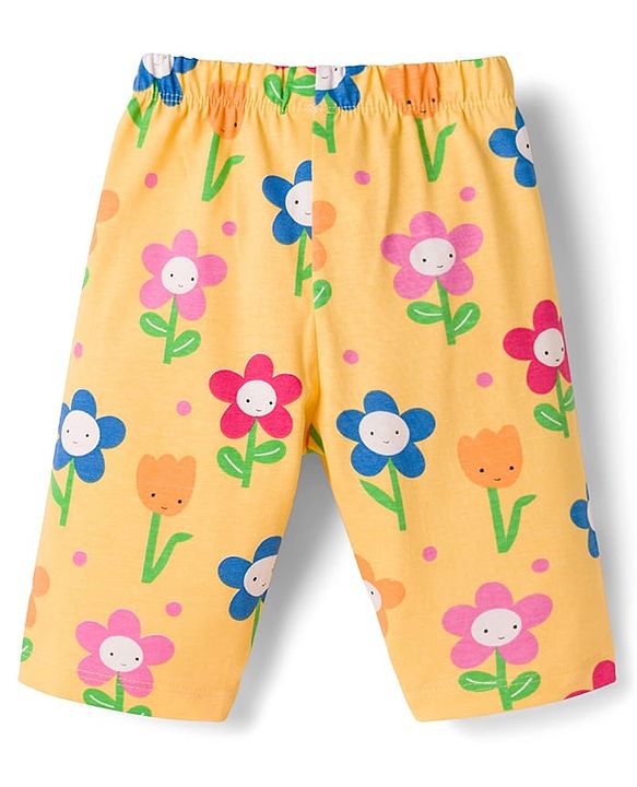Babyhug Cotton Knit Half Sleeves T-Shirt & Capri Co-ord Night Suit With Floral Print - Yellow