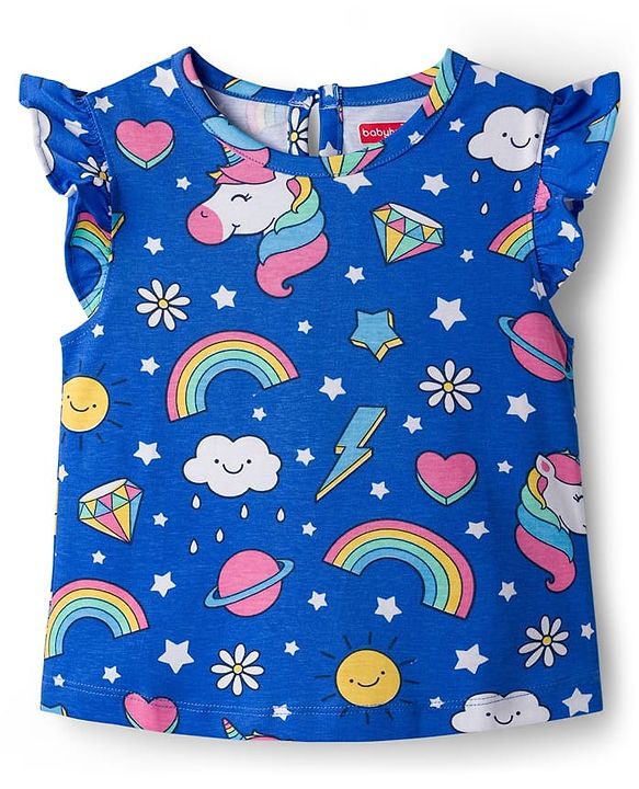 Babyhug Cotton Knit Half Sleeves Unicorn Theme Printed Co-Ords T-Shirt & Capri Night Suit - Blue