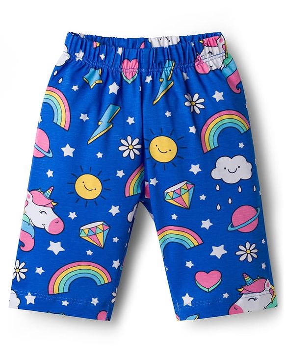 Babyhug Cotton Knit Half Sleeves Unicorn Theme Printed Co-Ords T-Shirt & Capri Night Suit - Blue