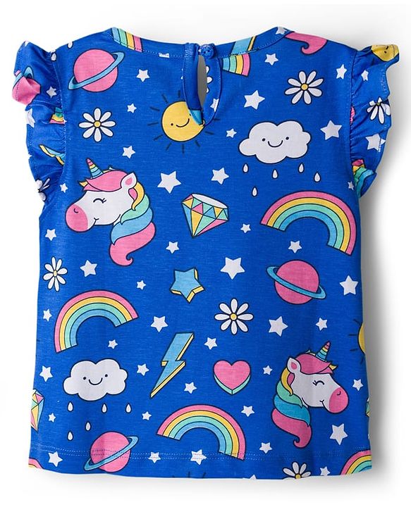 Babyhug Cotton Knit Half Sleeves Unicorn Theme Printed Co-Ords T-Shirt & Capri Night Suit - Blue