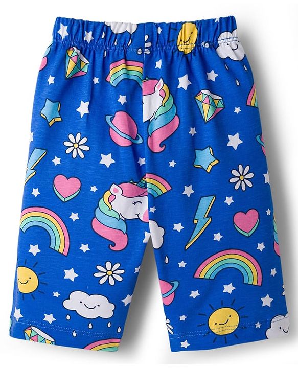 Babyhug Cotton Knit Half Sleeves Unicorn Theme Printed Co-Ords T-Shirt & Capri Night Suit - Blue