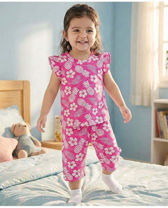 Babyhug Cotton Knit Half Sleeves T-Shirt & Capri Co-ord Night Suit With Floral Print - Pink