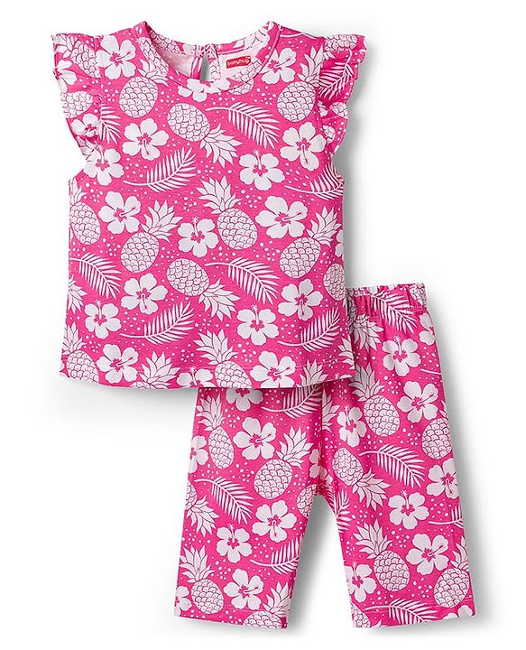 Babyhug Cotton Knit Half Sleeves T-Shirt & Capri Co-ord Night Suit With Floral Print - Pink