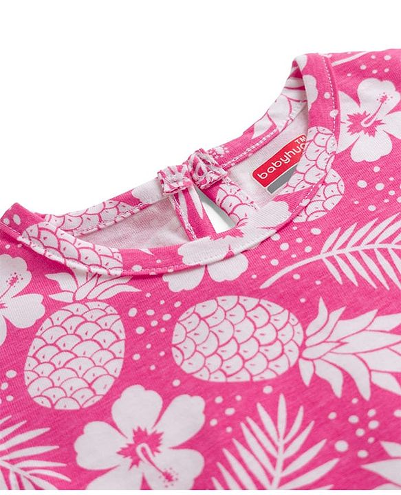Babyhug Cotton Knit Half Sleeves T-Shirt & Capri Co-ord Night Suit With Floral Print - Pink