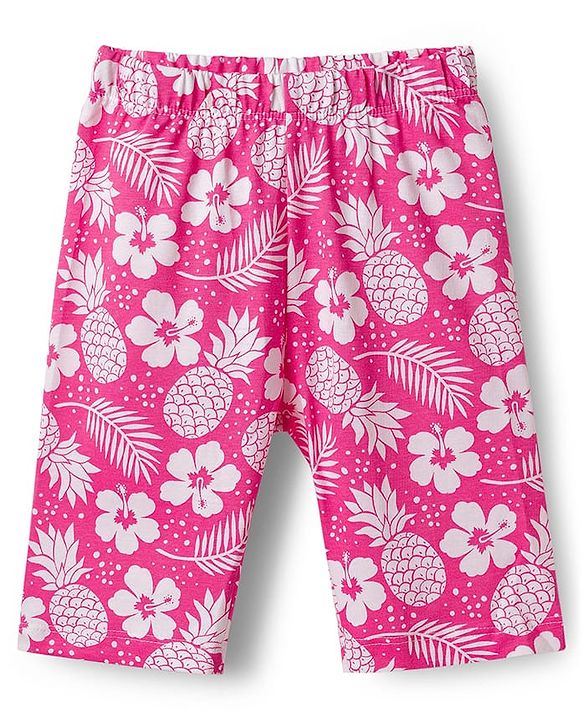 Babyhug Cotton Knit Half Sleeves T-Shirt & Capri Co-ord Night Suit With Floral Print - Pink