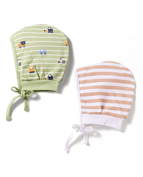 Babyhug 100% Cotton Intelock Knit Printed Baby Caps Pack of 2 Multicolor - Diameter 14 cm