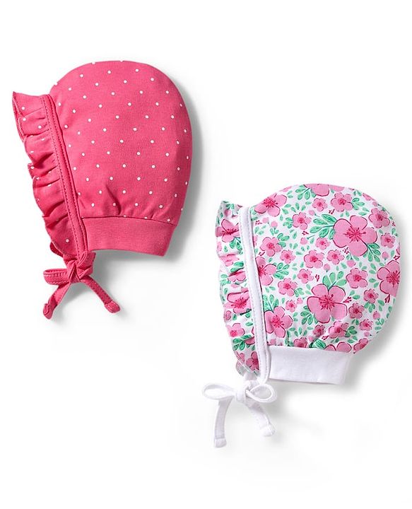 Babyhug 100% Cotton Interlock Knit Baby Caps With Floral & Polka Dots Print Pack of 2 Multicolor - Diameter 10 cm
