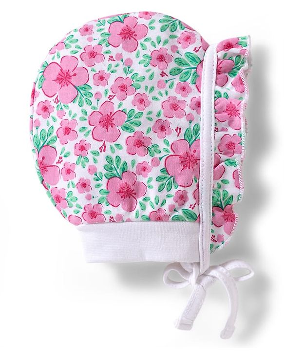 Babyhug 100% Cotton Interlock Knit Baby Caps With Floral & Polka Dots Print Pack of 2 Multicolor - Diameter 10 cm