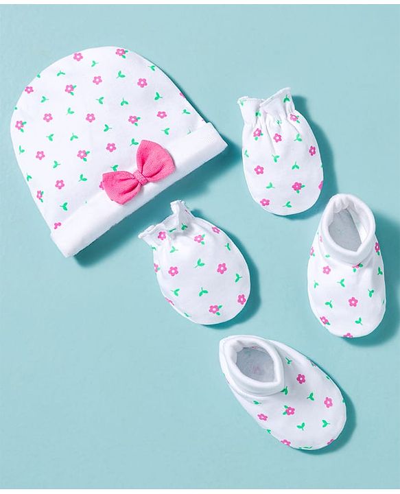 Babyhug 100% Cotton Knit Cap Mittens & Booties With Floral Print Multicolor - Diameter 10 cm