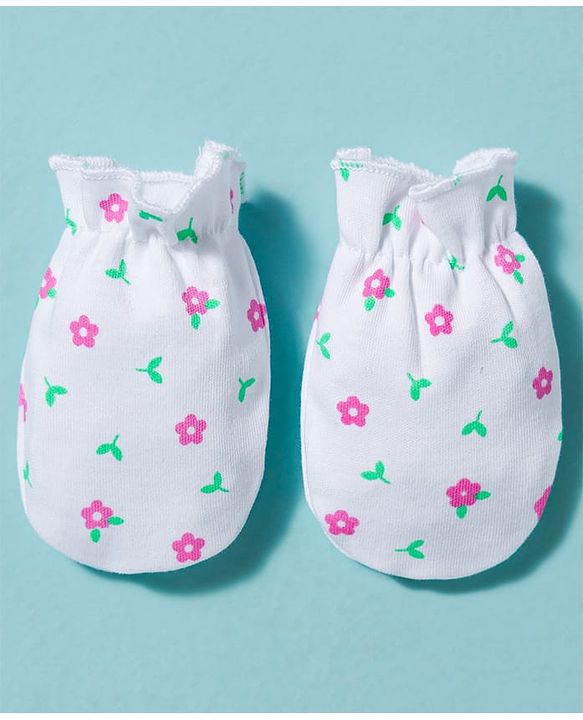 Babyhug 100% Cotton Knit Cap Mittens & Booties With Floral Print Multicolor - Diameter 10 cm
