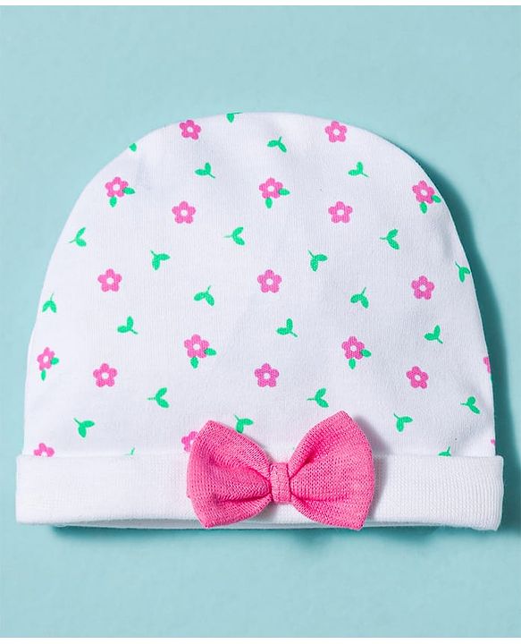 Babyhug 100% Cotton Knit Cap Mittens & Booties With Floral Print Multicolor - Diameter 10 cm