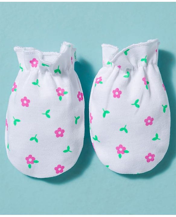 Babyhug 100% Cotton Knit Cap Mittens & Booties With Floral Print Multicolor - Diameter 10 cm