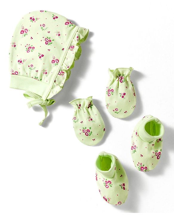 Babyhug 100% Cotton Interlock Knit Cap Mittens & Booties With Floral Print Multicolor - Diameter 13 cm