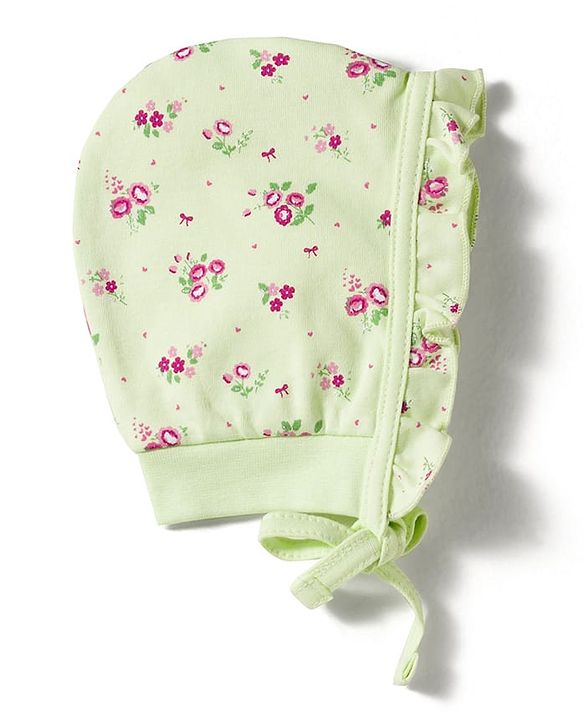 Babyhug 100% Cotton Interlock Knit Cap Mittens & Booties With Floral Print Multicolor - Diameter 13 cm