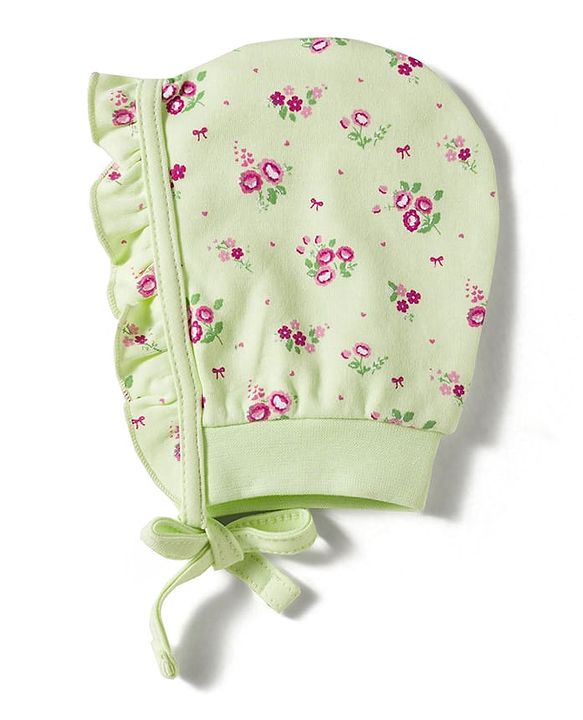 Babyhug 100% Cotton Interlock Knit Cap Mittens & Booties With Floral Print Multicolor - Diameter 13 cm