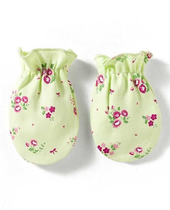 Babyhug 100% Cotton Interlock Knit Cap Mittens & Booties With Floral Print Multicolor - Diameter 13 cm